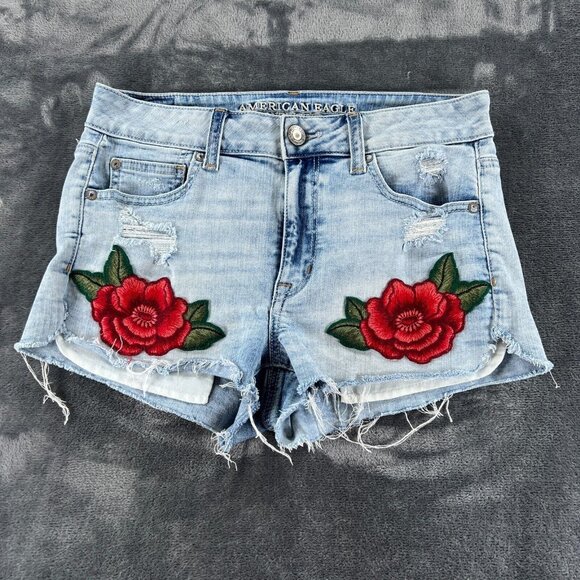 American Eagle Denim Jean Shorts Women 8 Rose Cut Off Hi-Rise Shortie Stretch - Picture 1 of 11